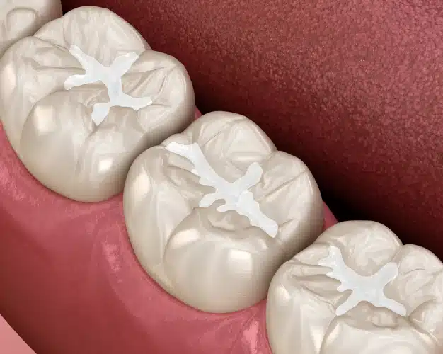 3D illustration of dental sealants applied to the grooves of molar teeth to protect against decay