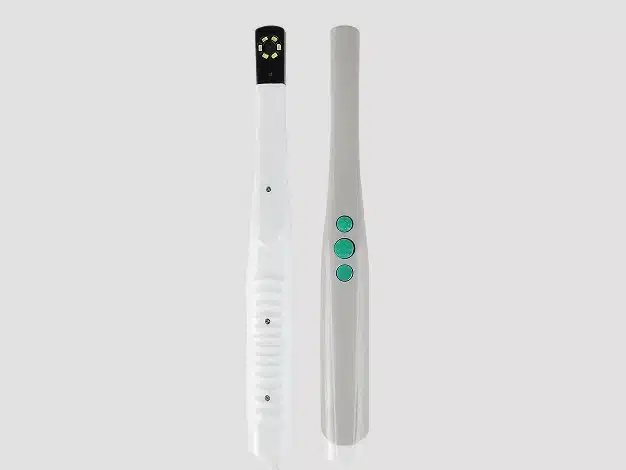 Intraoral dental camera wand shown from two angles, with control buttons and camera tip visible