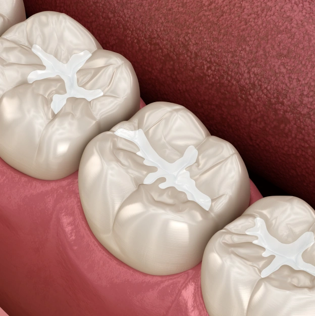 Dental sealants applied to molars showing protective white coating on tooth surfaces.