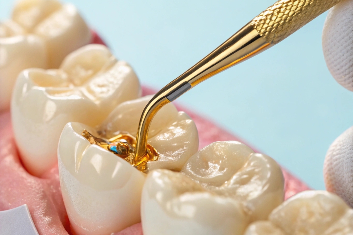 Dentist applying tooth-colored filling to a large cavity using a brush applicator.