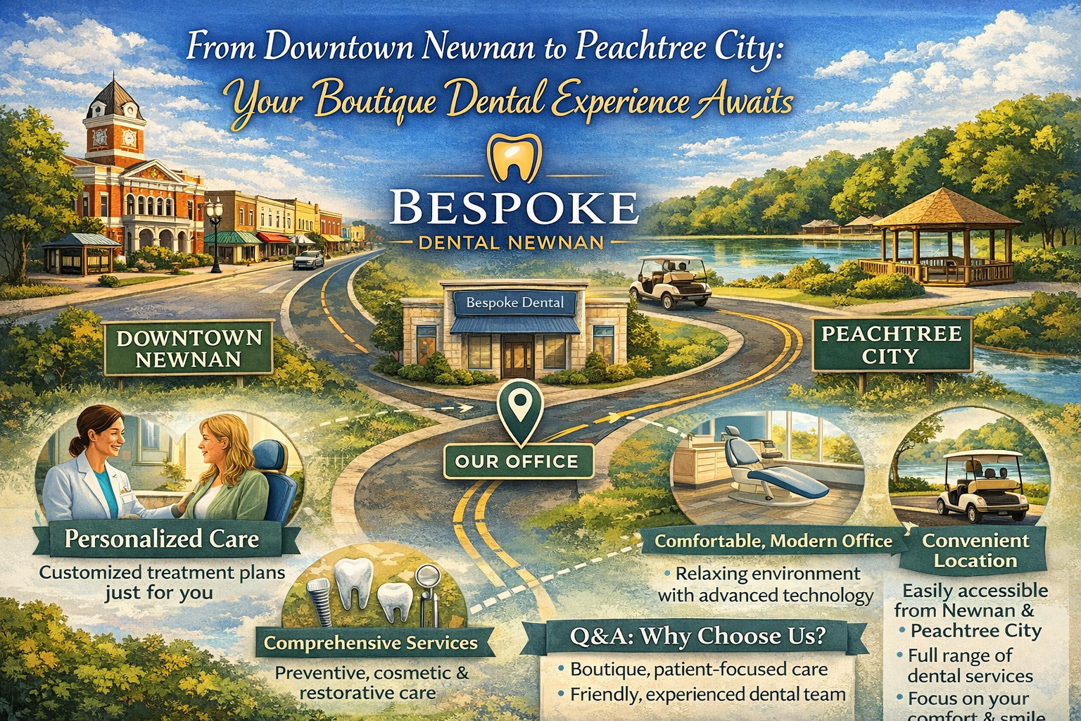 Bespoke Dental Newnan infographic showing boutique dental practice locations in Newnan and Peachtree City with personalized.