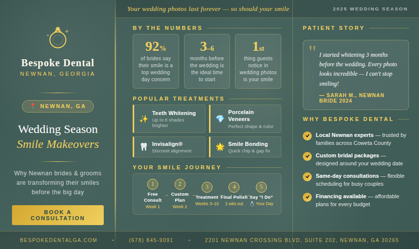 Bespoke Dental wedding season smile makeover infographic showing whitening treatments, smile bonding options, and a five-ste.