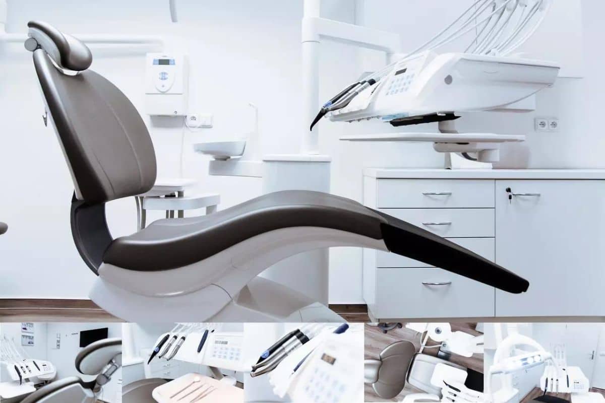 Modern dental chair in bright clinical treatment room with equipment and supplies visible.