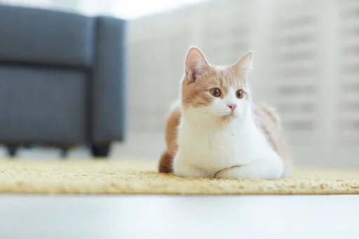 Orange and white cat lying on a woven rug in a bright living room, looking off to the side