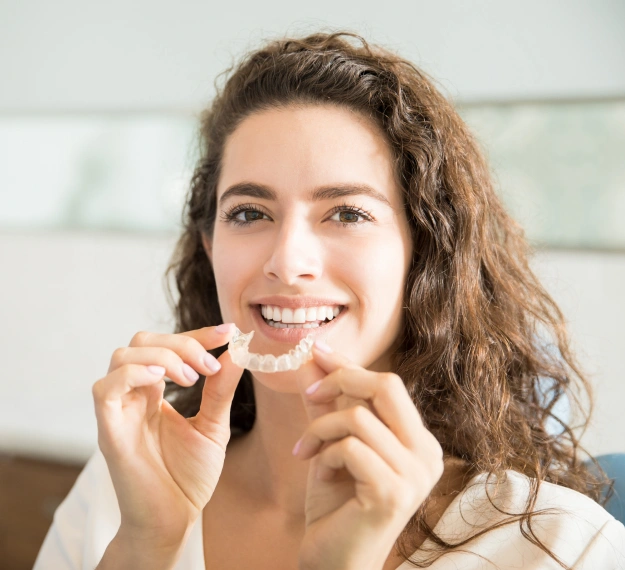 Woman inserting a clear aligner during orthodontic treatment