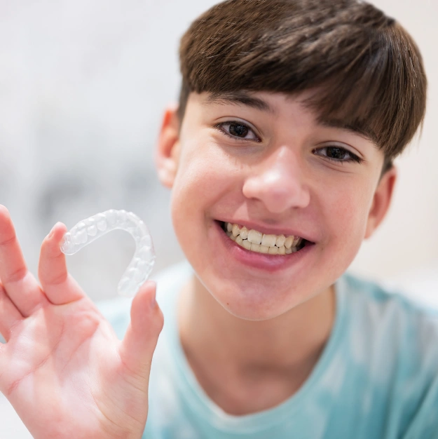 Teenage patient holding a clear aligner and smiling