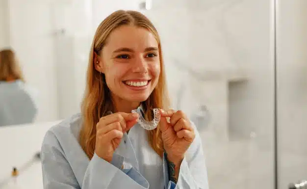 a girl holding clear aligners in dental office in Culver City