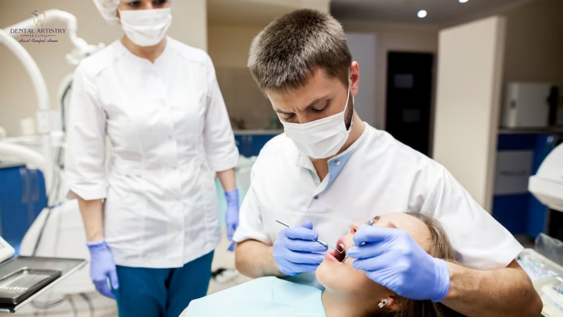 Dentist in a mask examining a patient's teeth in a dental chair