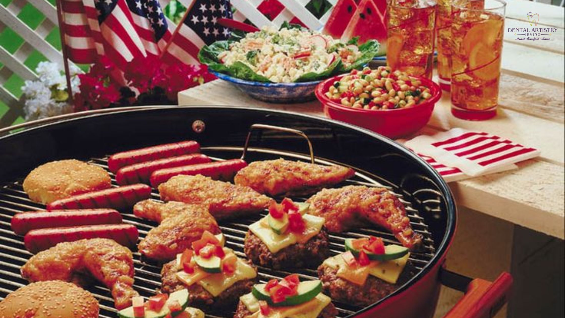 Assorted grilled and fried foods on a barbecue grill