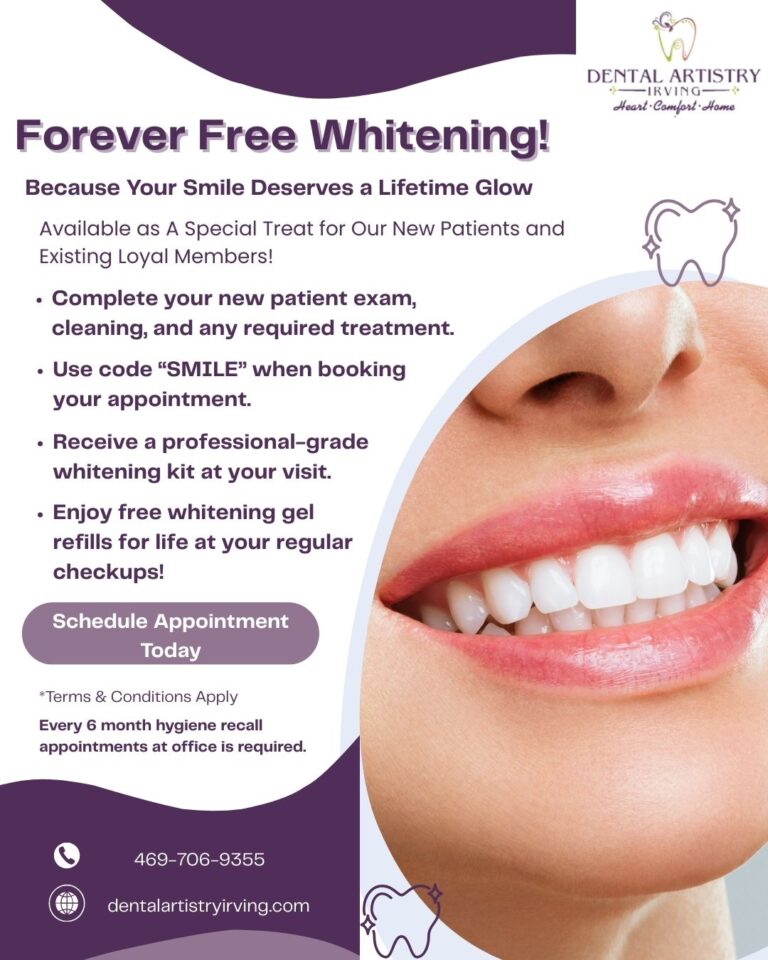 Forever Free Whitening promotional flyer for new patients at Dental Artistry Irving