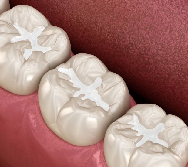 3D illustration of dental sealants applied to the grooves of molar teeth to protect against decay