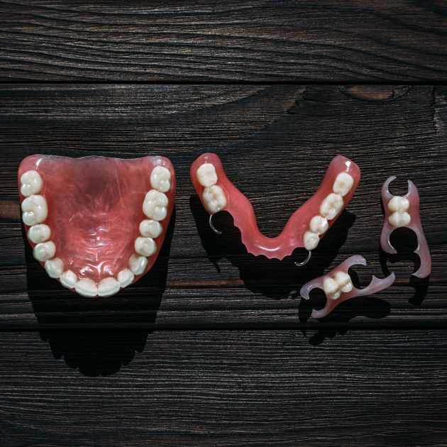 Full set of upper and lower dentures displayed on a black background
