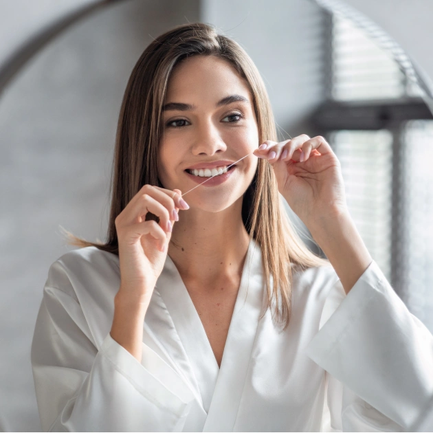 Female dental professional smiling and holding dental floss