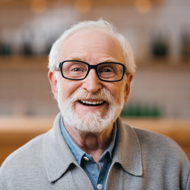 Portrait of an older man with glasses and white hair smiling warmly
