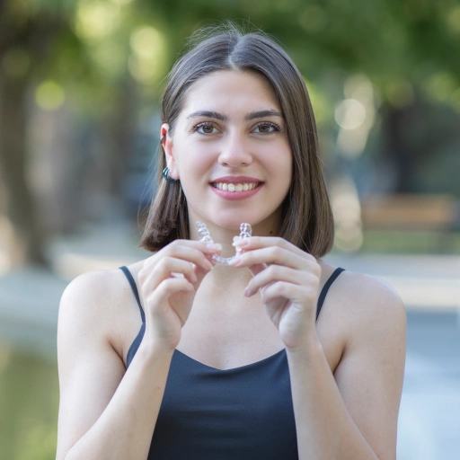 Young woman holding a clear aligner and smiling in a casual setting