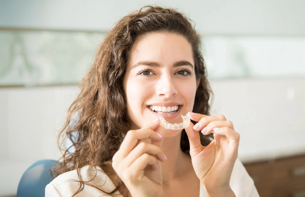 Mujer joven con cabello rizado sonriendo mientras sostiene una férula transparente de alineadores Invisalign en un consultorio dental.
