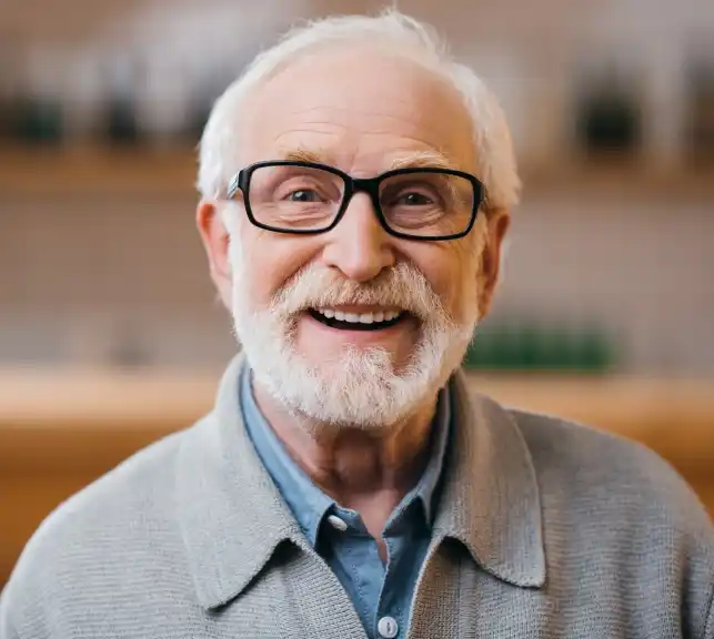 Portrait of an older man with glasses and white hair smiling warmly