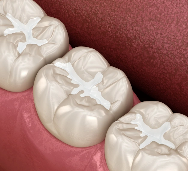 3D illustration of dental sealants applied to molar chewing surfaces at The Dentist Place of Clearwater in Clearwater, FL