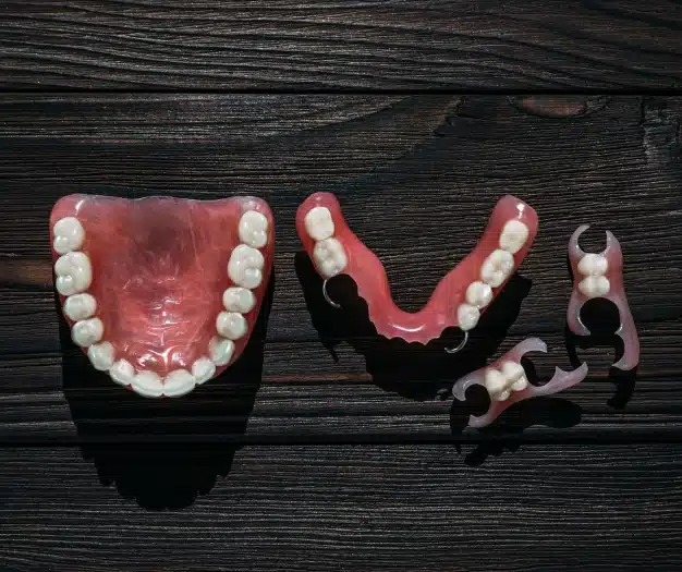 Custom full dentures and partial denture displayed on a wooden surface at The Dentist Place of Clearwater in Clearwater, FL