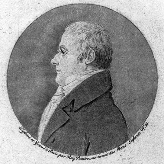 Profile portrait of elderly gentleman in formal coat, historical engraving or sketch.
