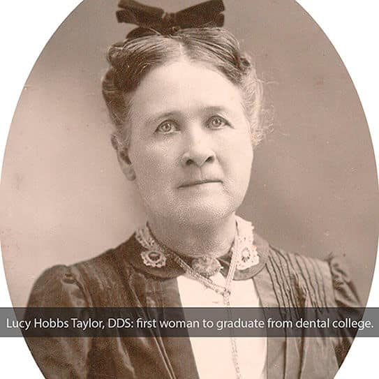 Lucy Hobbs Taylor, first woman dental school graduate, formal sepia-toned portrait photograph.