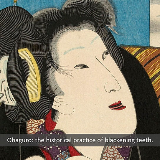 Japanese woodblock portrait of woman with blackened teeth, historical dental practice illustration.