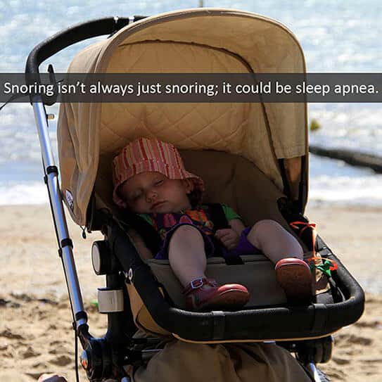 Baby sleeping in beach stroller with text about snoring and sleep apnea awareness.