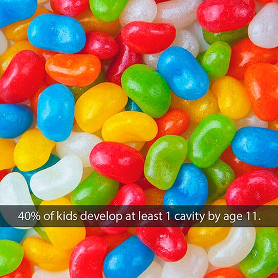 Colorful candies with text stating 40% of kids develop cavities by age 11.