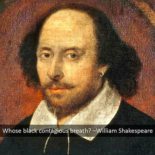 Portrait of William Shakespeare with text asking "Whose black contagious breath?" from dental website.
