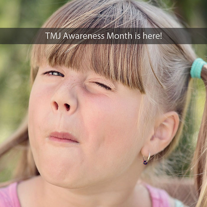 Young girl with closed eyes and slight facial tension outdoors, TMJ Awareness Month promotional image.