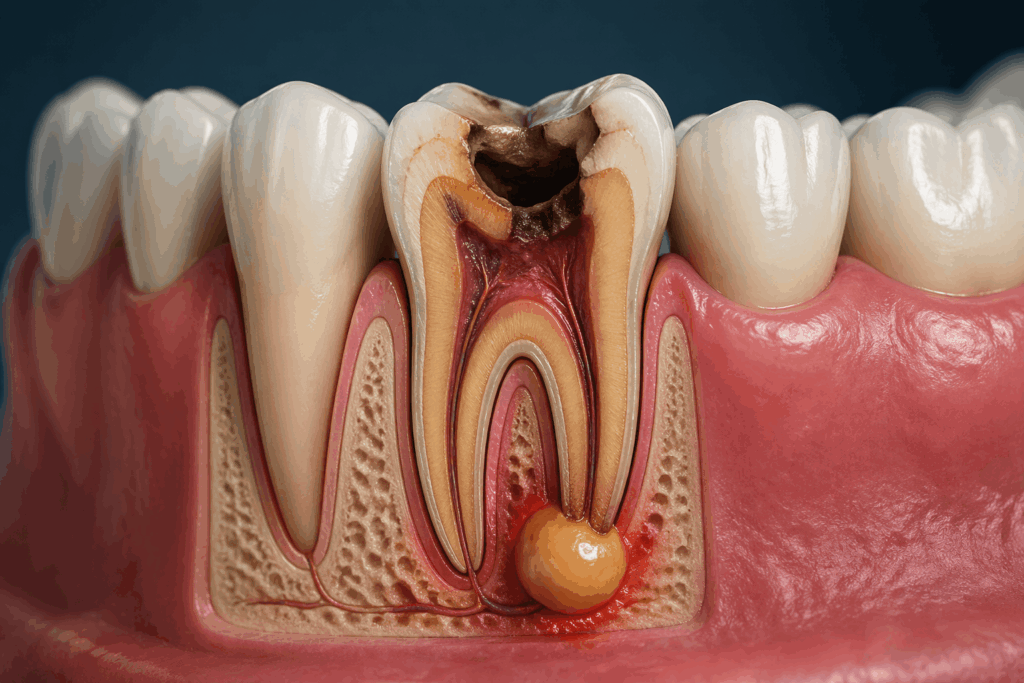 An abscessed tooth forms when infection reaches the pulp, leading to pain, swelling, and pus buildup near the root