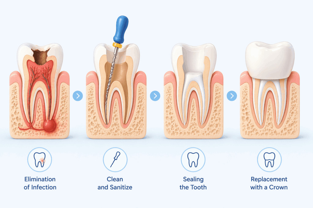 showing root canal treatment steps including infection removal, cleaning, sealing, and crown placement