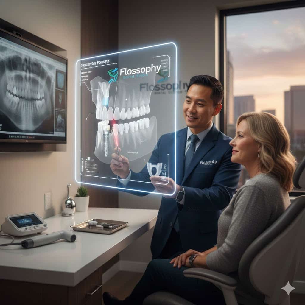 Dr. Matthew Le at Flossophy Dental Studio using 3D digital imaging to explain the dental implants procedure to a patient in his Fort Worth office.