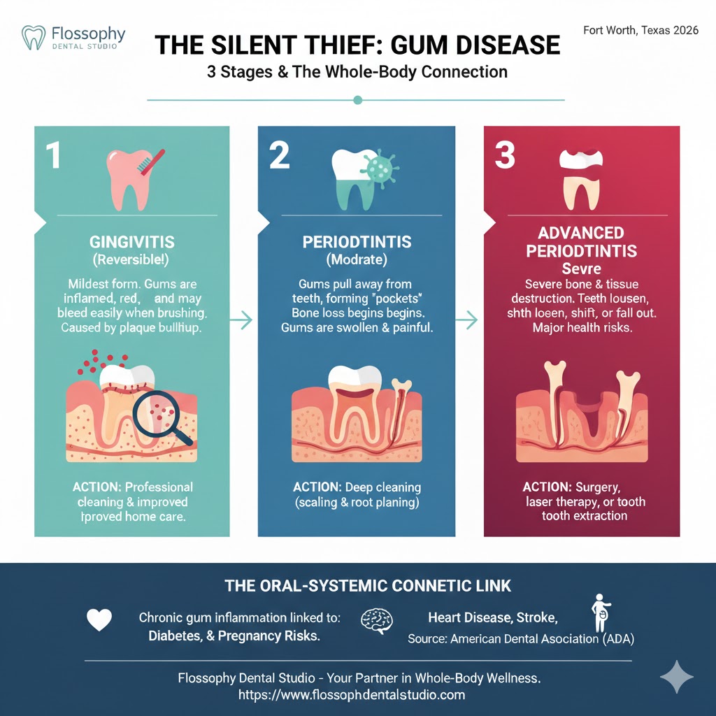 Infographic titled The Silent Thief: Gum Disease, showing the 3 stages of periodontal disease—Gingivitis, Periodontitis, and Advanced Periodontitis—and the oral-systemic connection to heart disease and diabetes at Flossophy Dental Studio, Fort Worth.