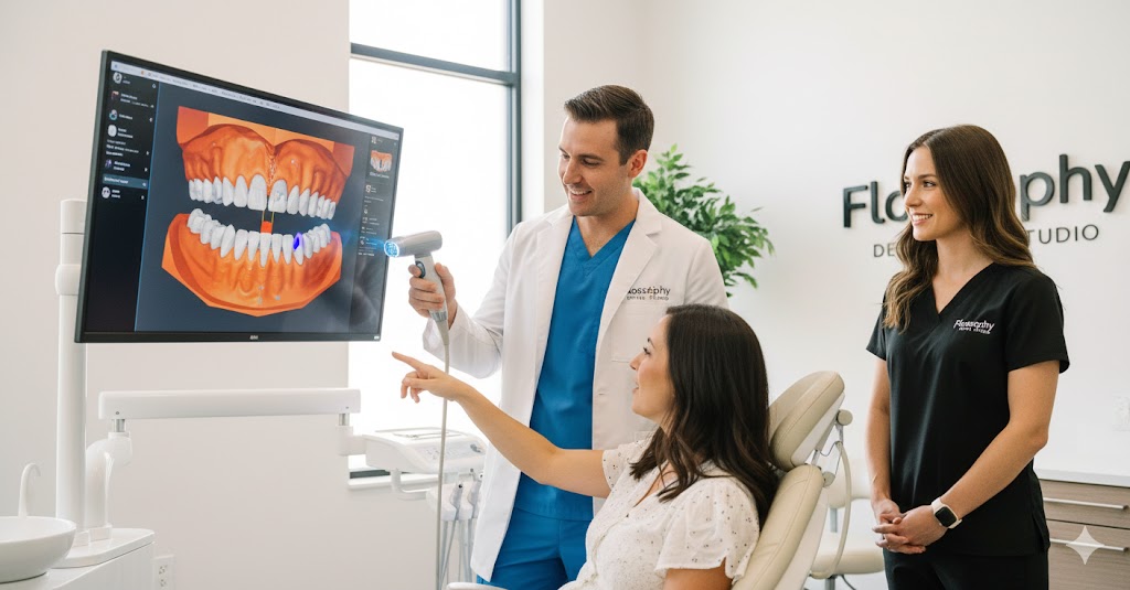 high-tech digital intraoral scanner displaying a detailed 3D dental model in a modern, light-filled Fort Worth dental studio.