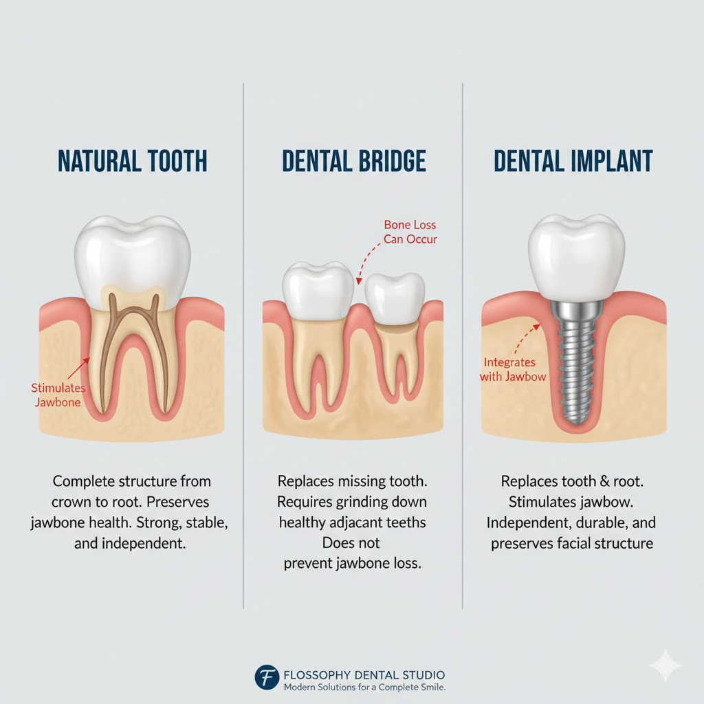 An infographic from Flossophy Dental Studio comparing a natural tooth, a dental bridge, and a dental implant, highlighting how implants preserve jawbone health and facial structure in Fort Worth and Haltom City patients.
