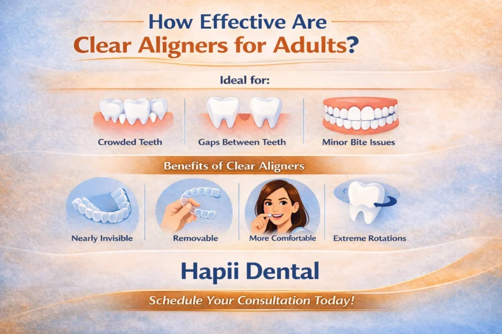 Infographic on clear aligners for adults, benefits, ideal cases, and Hapii Dental CTA.