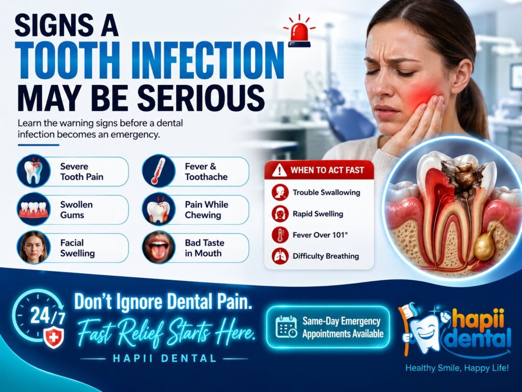 Warning signs of a serious tooth infection including swelling, severe tooth pain, facial swelling, and dental abscess symptoms.