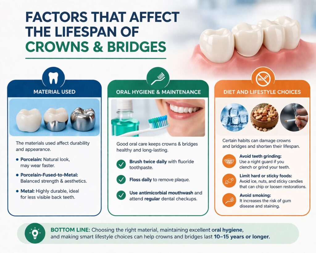 factors affect the lifespan of dental crowns and bridges