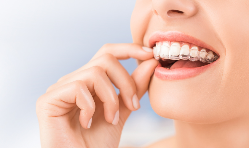 A patient holding clear Invisalign aligners