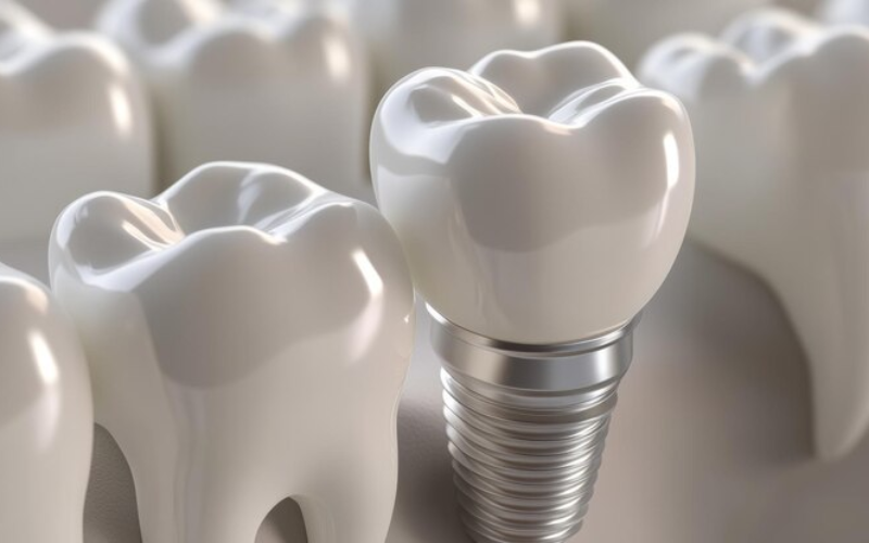 Silver dental implant model on a white surface
