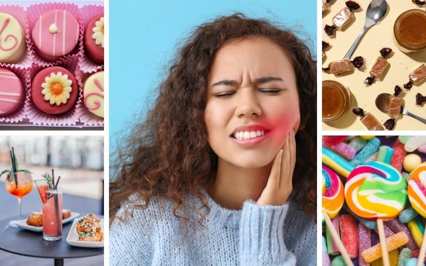 Woman grimacing while eating Christmas foods that affect her teeth