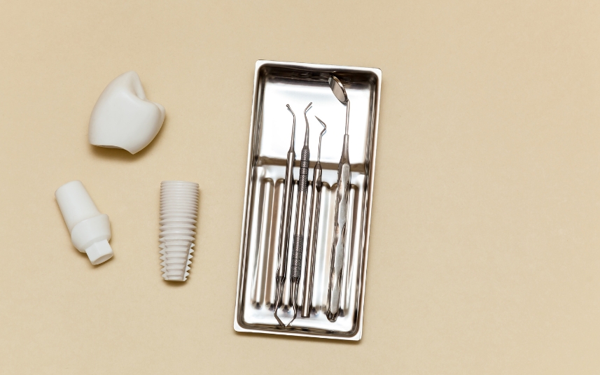 Zirconia dental implant components displayed for comparison