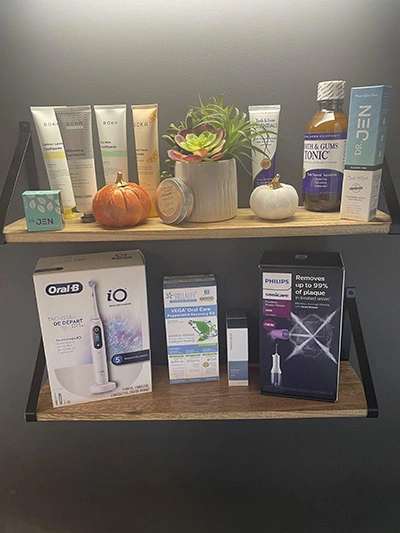 Holistic dental products and tools displayed at a preventive dentistry office