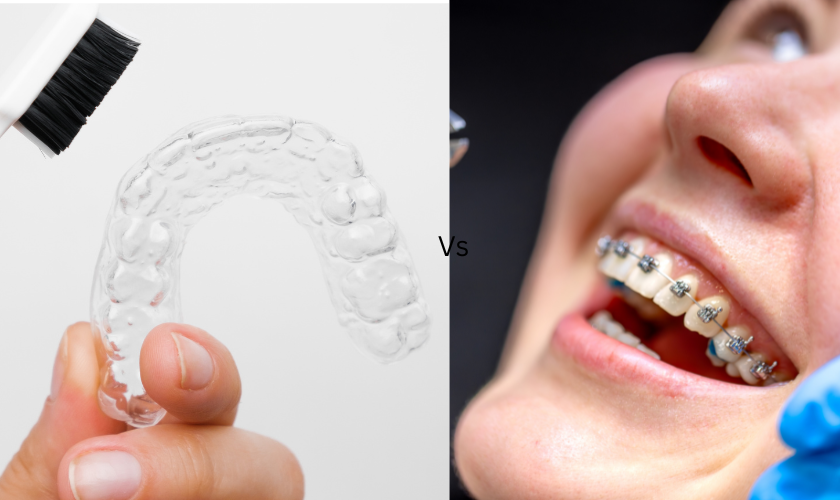 Adult patient comparing Invisalign aligners and traditional braces at a dental consultation in New York City