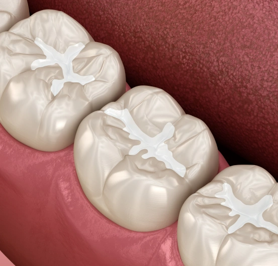 Illustration of cavity fillings and dental sealants protecting molars from decay at South Arlington Smiles in Arlington, TX.