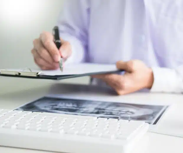 Patient signing dental insurance paperwork at front desk
