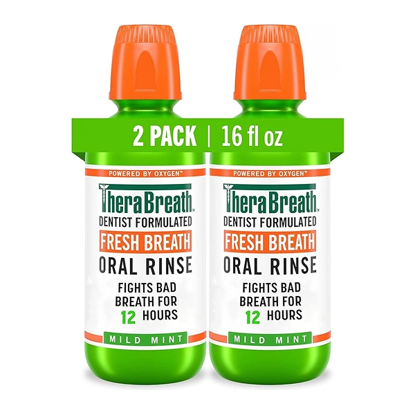 TheraBreath Fresh Breath Mouthwash, Mild Mint Flavor, Alcohol-Free, 16 Fl Oz (2-Pack)