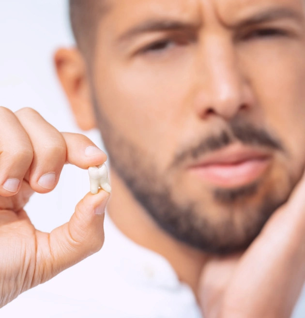Patient after tooth extraction holding teeth visit Warwick Dental Oklahoma City
