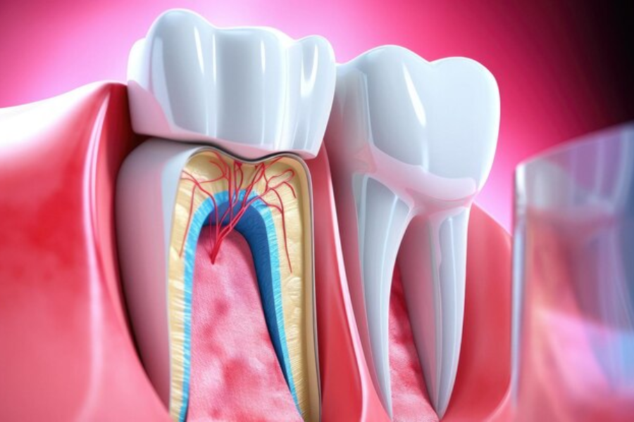 Dentist demonstrating a graphics presentation of Root Canal Treatment and recovery